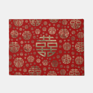Double Happiness Symbol pattern - Gold on red Doormat