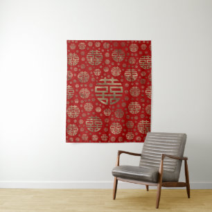Double Happiness Symbol pattern - Gold on red Tapestry