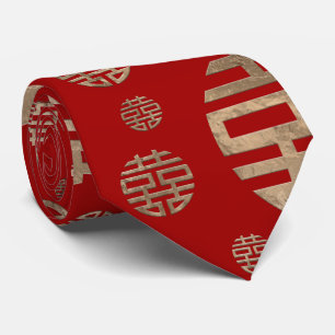 Double Happiness Symbol pattern - Gold on red Tie