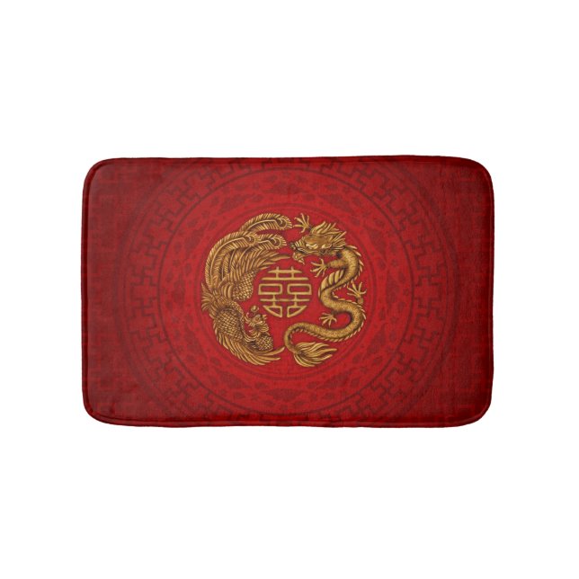 Double Happiness Symbol with Phoenix and Dragon Bath Mat (Front)