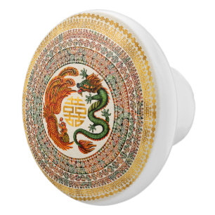 Double Happiness Symbol with Phoenix and Dragon Ceramic Knob