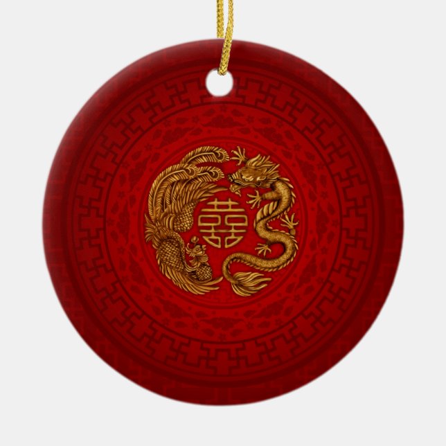 Double Happiness Symbol with Phoenix and Dragon Ceramic Ornament (Front)