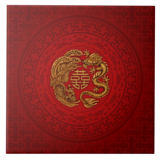 Double Happiness Symbol with Phoenix and Dragon Ceramic Tile (Front)