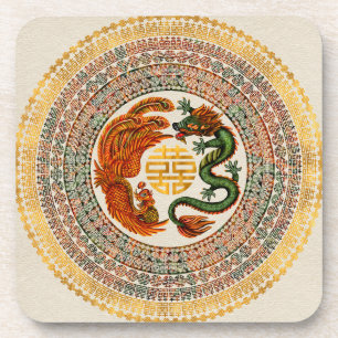 Double Happiness Symbol with Phoenix and Dragon Coaster