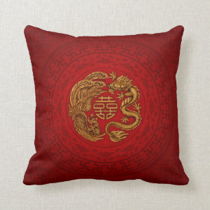 Double Happiness Symbol with Phoenix and Dragon Cushion