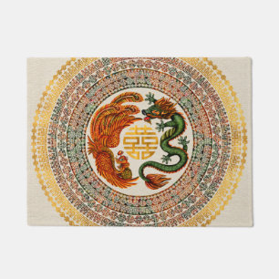 Double Happiness Symbol with Phoenix and Dragon Doormat