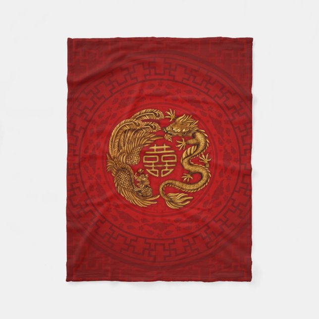 Double Happiness Symbol with Phoenix and Dragon Fleece Blanket (Front)