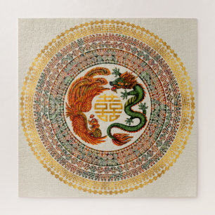 Double Happiness Symbol with Phoenix and Dragon Jigsaw Puzzle