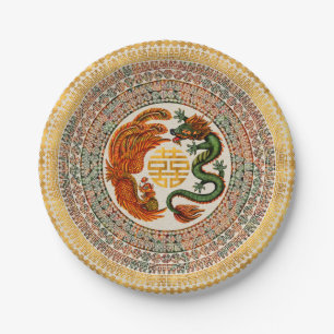 Double Happiness Symbol with Phoenix and Dragon Paper Plate