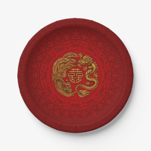 Double Happiness Symbol with Phoenix and Dragon Paper Plate