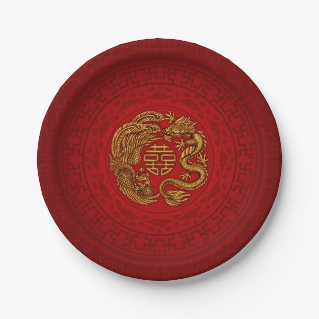 Double Happiness Symbol with Phoenix and Dragon Paper Plate (Front)