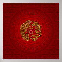 Double Happiness Symbol with Phoenix and Dragon