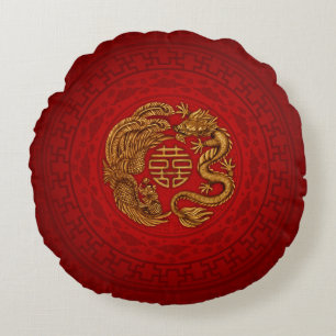 Double Happiness Symbol with Phoenix and Dragon Round Cushion