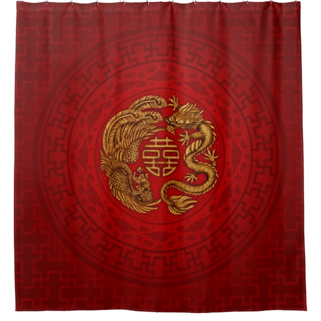 Double Happiness Symbol with Phoenix and Dragon Shower Curtain (Front)