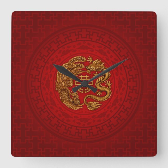 Double Happiness Symbol with Phoenix and Dragon Square Wall Clock (Front)