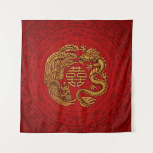 Double Happiness Symbol with Phoenix and Dragon Ta Tapestry