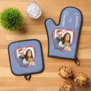 Double heart personalised photo & names on blue oven mitt & pot holder set