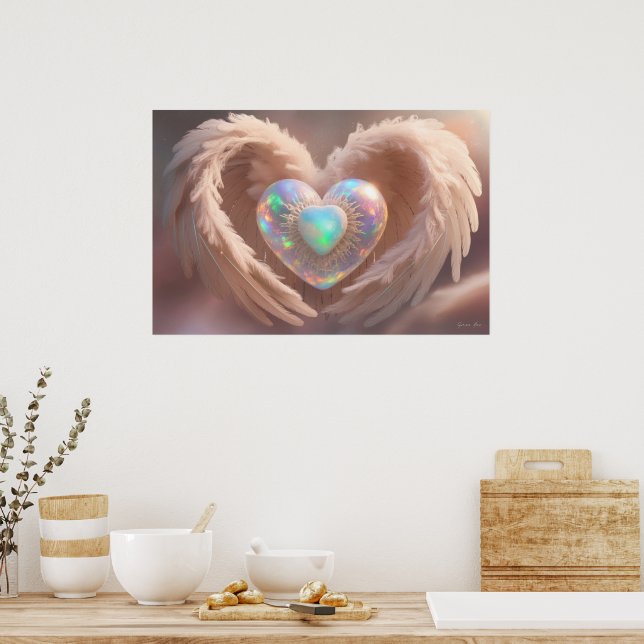 *~*  Double Heart White Angel Wings AP78 Opal  Poster (Kitchen)