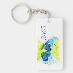 Double Hearts Blue LOVE Typography  Key Ring