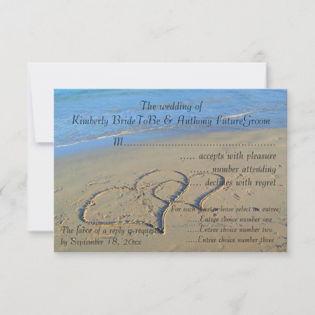 Double Hearts in Sand Wedding RSVP Card (Front)