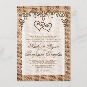 Double Hearts Rustic Burlap Wedding Invitations