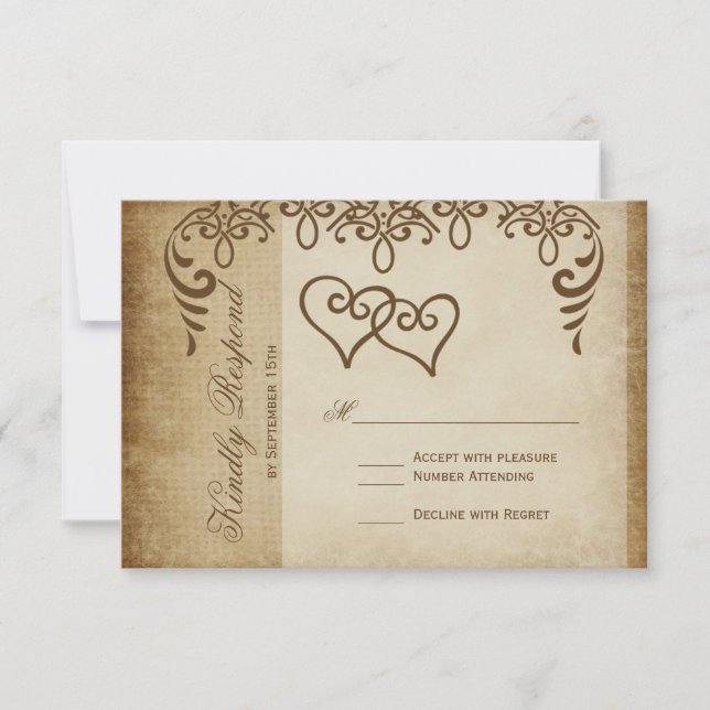 Double Hearts Rustic Burlap Wedding RSVP Cards (Front)