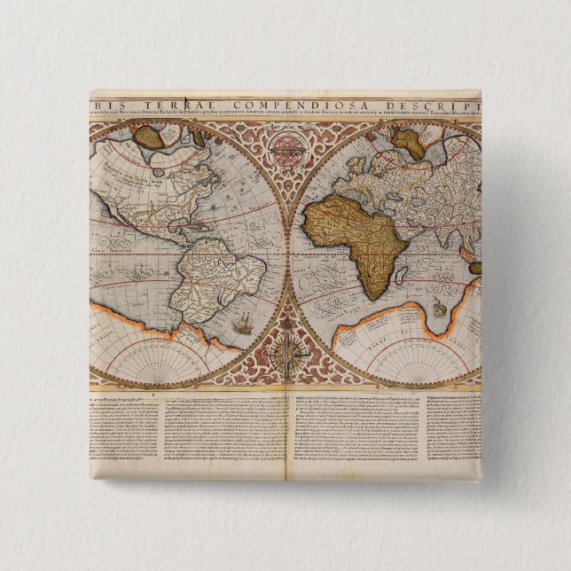 Double Hemisphere World Map, 1587 15 Cm Square Badge (Front)