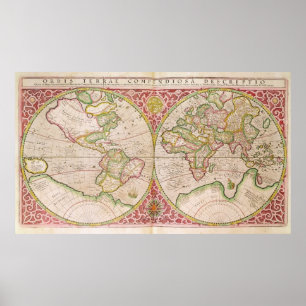 Double Hemisphere World Map, 1587 Poster