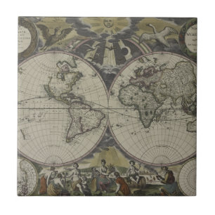 Double Hemisphere World Map 1672 Ceramic Tile
