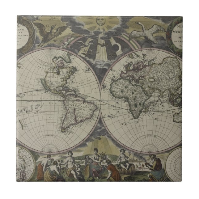 Double Hemisphere World Map | 1672 Ceramic Tile (Front)