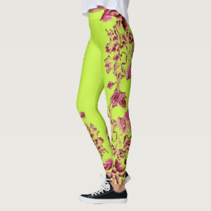 Double Hibiscus Pink on Lime Leggings