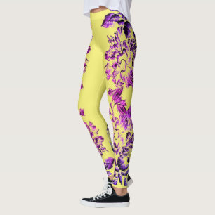 Double Hibiscus Purple on Yellow Varied Leggings