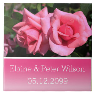 Double hot pink rose flowers wedding anniversary tile