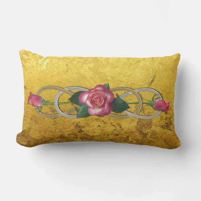 Double Infinity Silver Gold Roses + gold leaf Outdoor Cushion (Front)