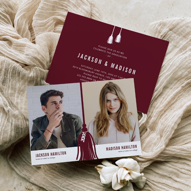 Double Joint Graduation Burgundy Tassel Party Invitation (Creator Uploaded)