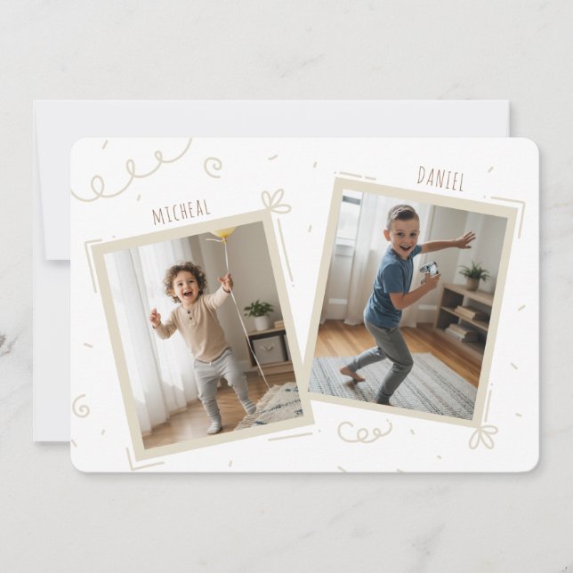 Double Kids Boys Sibling Photo Joint Birthday Invitation (Front)