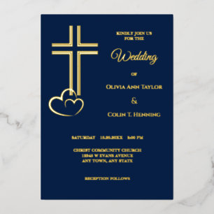Double Line Cross Hearts Wedding Foil Invitation