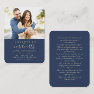 Double Memorial Photo Gold Script Blue Prayer Card