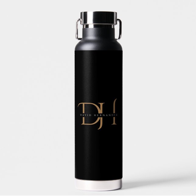 Double Monogram Black Gold Initials Elegant Custom Water Bottle (Front)