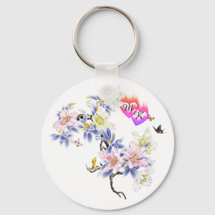 Double Monogram Flaming Hearts with Flowers Key Ring