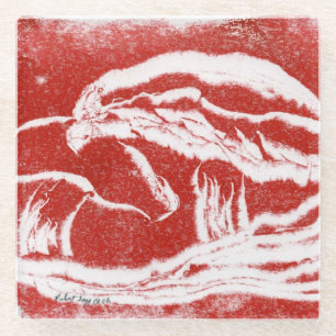 Double mushrooms from mono-print in red and white glass coaster