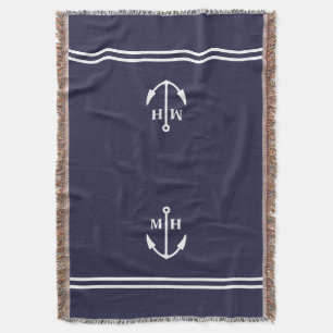 Double Navy Anchor Monogram Throw Blanket