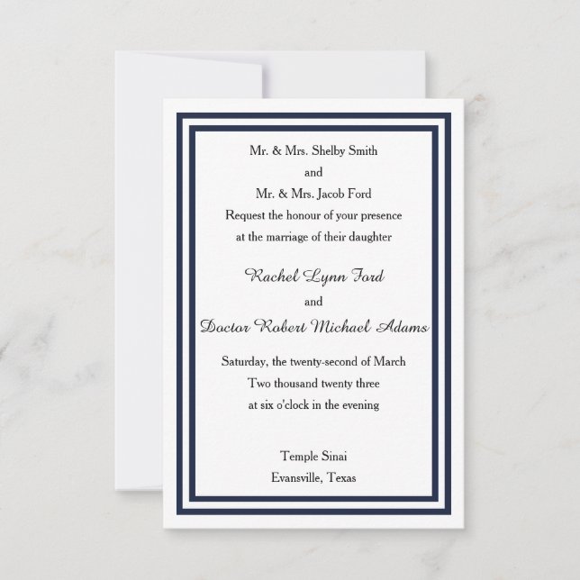 Double Navy Trim -3x5 Wedding Invitation (Front)