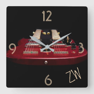 Double Neck Red Electric Guitar Square Wall Clock