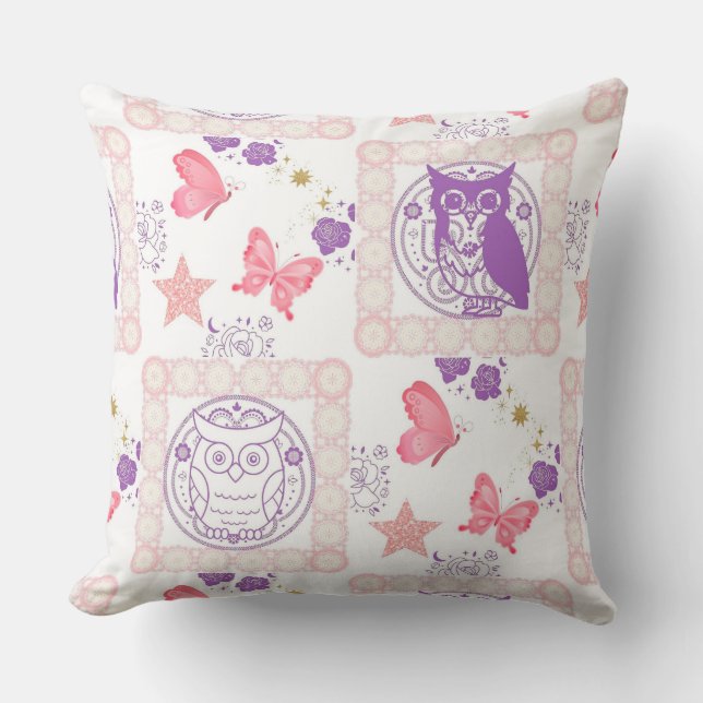 Double Owls and Butterflies  Cushion (Front)