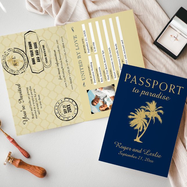 Double Palm Tree Blue Gold Wedding Passport Invitation (Creator Uploaded)