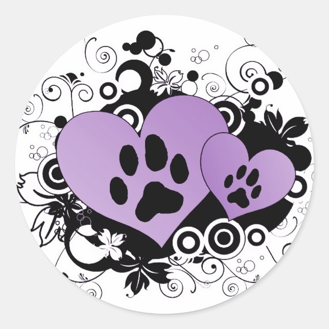 Double Paw Valentine Hearts - Purple Classic Round Sticker (Front)
