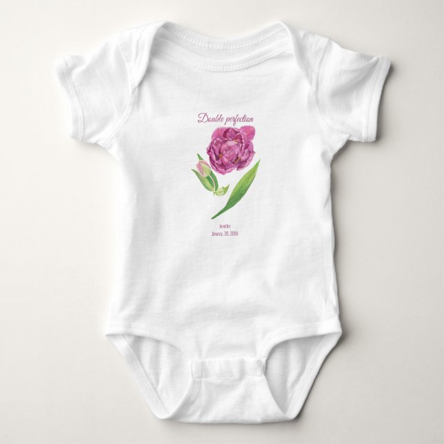 Double perfection lilac-magenta tulip name date  baby bodysuit (Front)