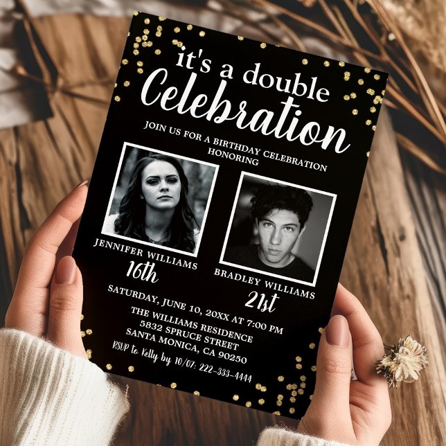 Double Photo Black Gold Birthday Invitation (Creator Uploaded)