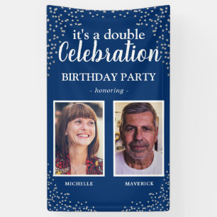 Double Photo Blue Silver Birthday Party Banner